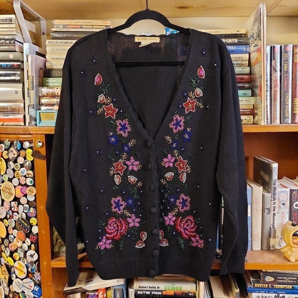 Victoria Jones Woman Jackets & Blazers - Vintage black beaded cardigan with scalloped neckline.